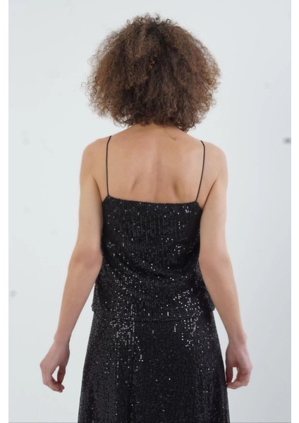 Siyah Ip Askılı Pul Payetli Kısa Bluz fırsatları