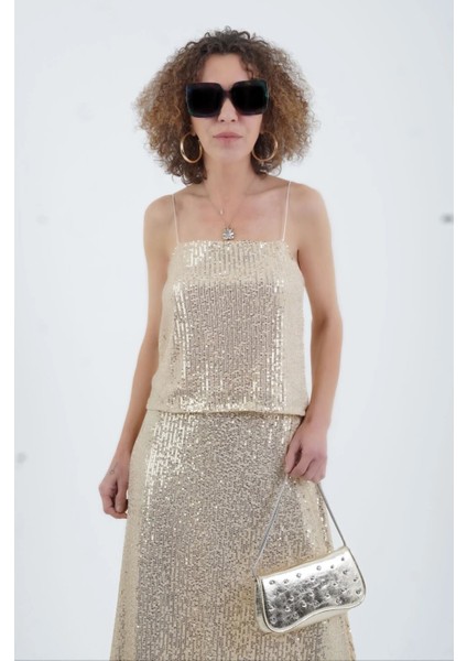 Gold Ip Askılı Pul Payetli Kısa Bluz