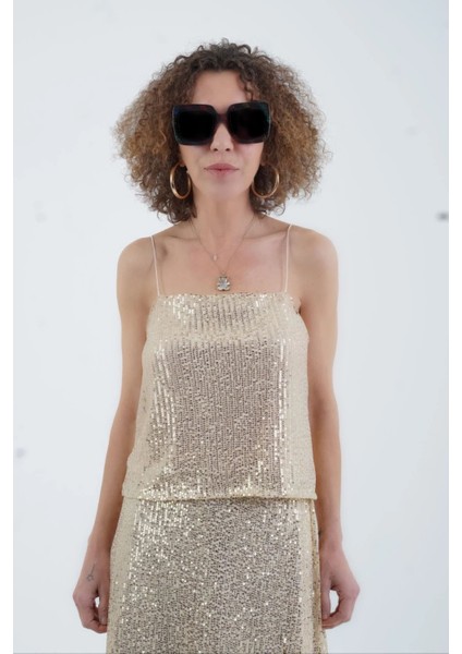 Gold Ip Askılı Pul Payetli Kısa Bluz modelleri