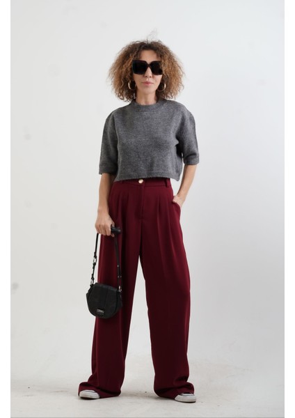 Bordo Geniş Paça Pantolon
