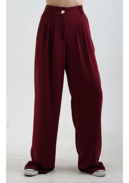 Bordo Geniş Paça Pantolon modelleri