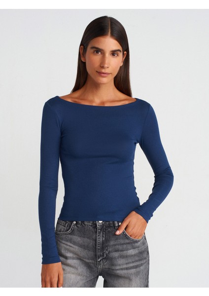 31332 Kayık Yaka Uzun Kollu Top-Lacivert