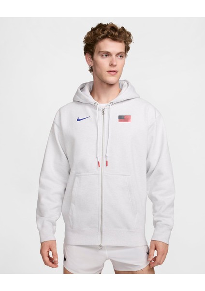 Usa Solo Swoosh Men's Nike Full-Zip Hoodie Erkek Gri Polarlı Kapüşonlu Sweatshirt FJ3427-051