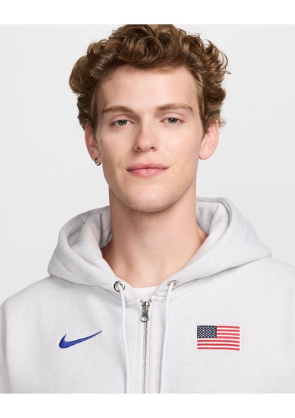 Usa Solo Swoosh Men's Nike Full-Zip Hoodie Erkek Gri Polarlı Kapüşonlu Sweatshirt FJ3427-051