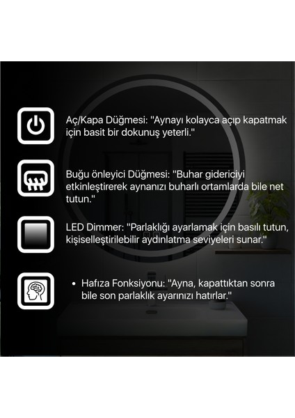 Buğu Önleyicili Dokunmatik LED Işıklı Yuvarlak Ayna Banyo Aynası Makyaj Aynası Dekoratif Ayna