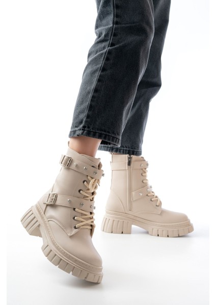 842-03 Bej Bağcıklı Kalın Tabanlı Bağcıklı Fermuarlı Günlük Kadın Bot modelleri