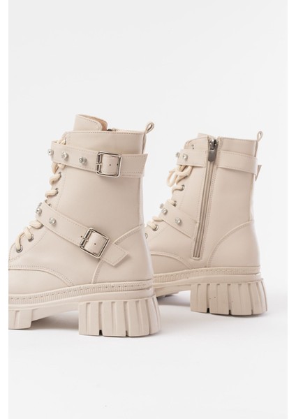 842-03 Bej Bağcıklı Kalın Tabanlı Bağcıklı Fermuarlı Günlük Kadın Bot indirimleri