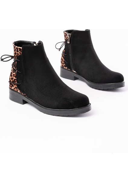 165-209 Siyah Leopar Arka Bağcık Aksesuarlı Fermuarlı Günlük Kadın Bot indirimleri