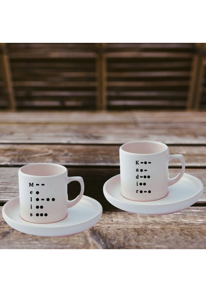 Kişiye Özel Mors Alfabesi Tasarımlı Türk Kahve Fincanı ve Altı modelleri