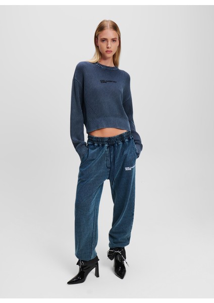 Yuvarlak Yaka Regular Fit Baskılı Mavi Kazak Kadın 246J2001