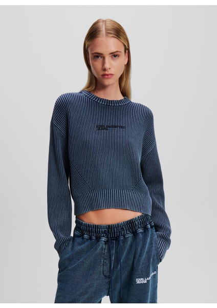 Yuvarlak Yaka Regular Fit Baskılı Mavi Kazak Kadın 246J2001