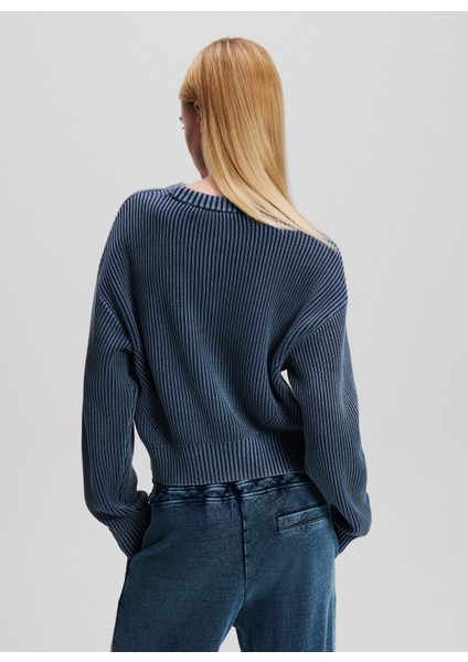 Yuvarlak Yaka Regular Fit Baskılı Mavi Kazak Kadın 246J2001
