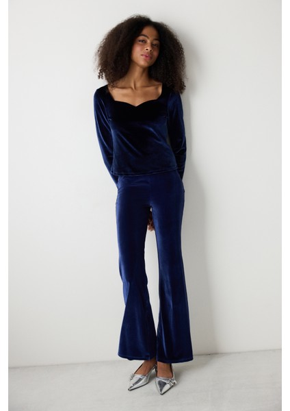 Lacivert Yüksek Bel Kadife Flare (Ispanyol Paça) Pantolon modelleri