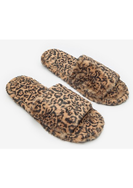 Leopard Fluffy Bej Terlik