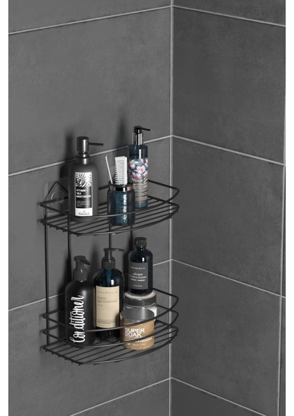 Teknotel Banyo Düzenleyici Şampuanlık Sabunluk 2 Katlı Yapışkanlı Banyo Duş Rafı Siyah ST008