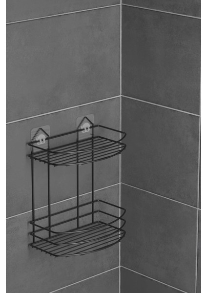 Teknotel Banyo Düzenleyici Şampuanlık Sabunluk 2 Katlı Yapışkanlı Banyo Duş Rafı Siyah ST008