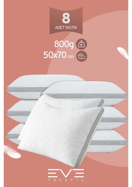 8 Adet Klima x Serisi Kılıflı Fermuarlı Klimali Antialerjik Silikon Elyaf Yastık 50 x 70 cm 900 gr