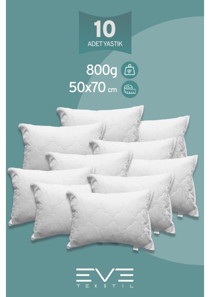 10 Adet Diamant Plus Kılıflı Fermuarlı Yıkanabilir Antialerjik Silikon Elyaf YASTIK 50 x 70 cm 800 GR