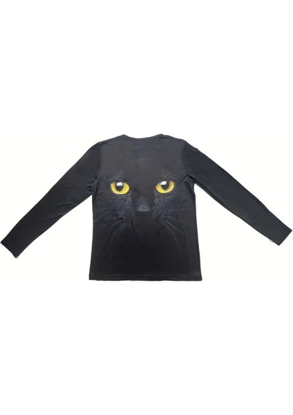 Aknbutik Kadın Uzun Kollu Bisiklet Yaka Kedi Desenli Süprem Bluz fırsatları