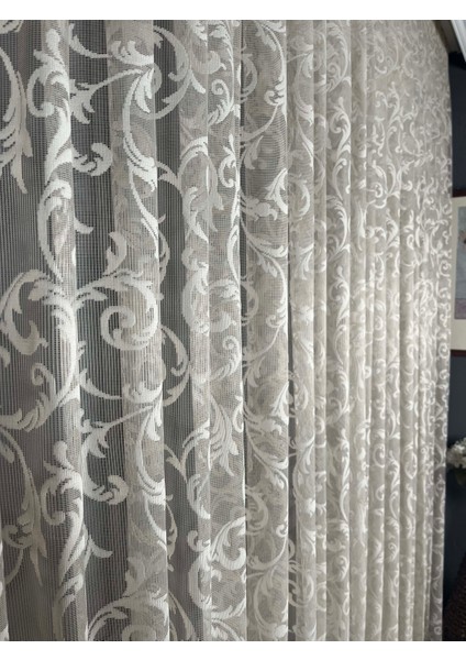 Şal Desen Tül Perde, 1/3 Sık Pile Bej - 210 x 200 cm