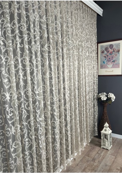 Şal Desen Tül Perde, 1/3 Sık Pile Bej - 460 x 200 cm