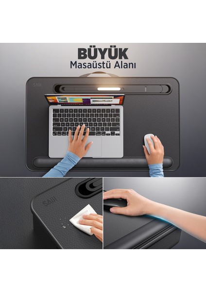 Saiji Gx8 LED Işıklı Çok Fonksiyonlu Laptop Standı – 3 Kademe LED Işık, Büyük Pvc Deri Yüzey, Taşınabilir Laptop Masası, Telefon Tutucu ve Entegre Depolama Çekmecesi ile 17″ Inç Laptop Uyumluluk