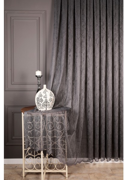 Cam Kırığı Tül Perde, 1/3 Sık Pile Koyu Gri - 360 x 200 cm