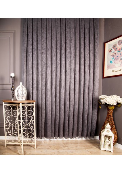 Cam Kırığı Tül Perde, 1/3 Sık Pile Koyu Gri - 450 x 200 cm