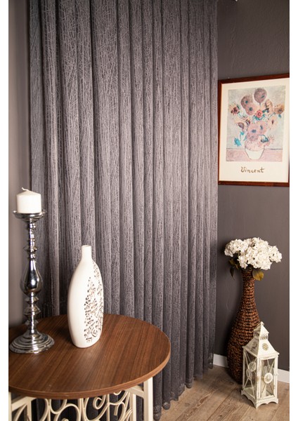 Cam Kırığı Tül Perde, 1/3 Sık Pile Koyu Gri - 450 x 200 cm