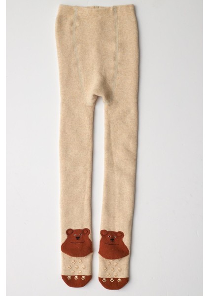 Bebek Ayıcık Desenli Külotlu Çorap Bej Melanj-Kahverengi