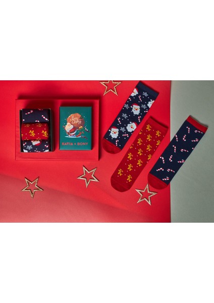 Çocuk Çorap 3 Lü Paket Kutulu Noel Desenli Soket Çorap Lacivert/kırmızı fırsatları