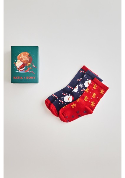Çocuk Çorap 3 Lü Paket Kutulu Noel Desenli Soket Çorap Lacivert/kırmızı