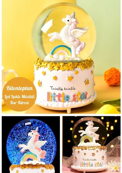 Little Star Unicorn Kar Küresi Orta Boy Işıklı Müzikli 12CM Özel Hediyelik