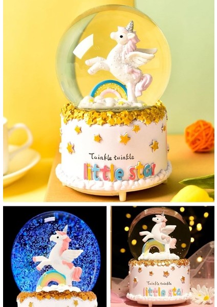 Little Star Unicorn Kar Küresi Orta Boy Işıklı Müzikli 12CM Özel Hediyelik