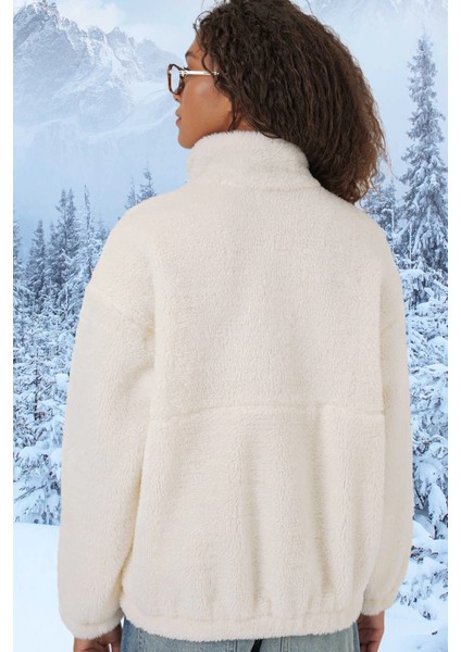 Kadın Ekru Indigo Baskılı Fermuarlı Suni Yünlü Astarlı Peluş Ceket HZL25W-BD151941