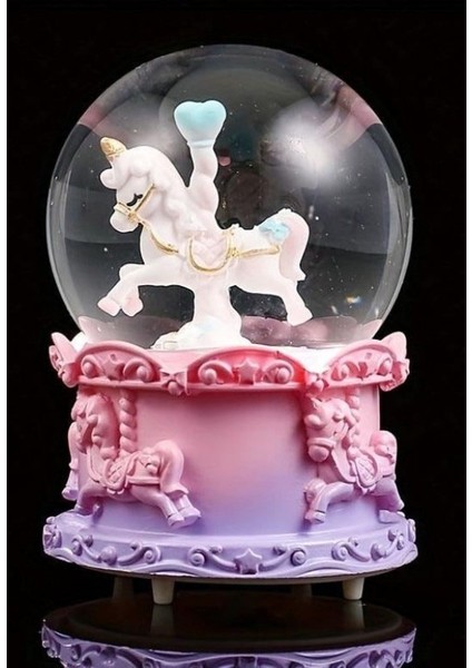 Mor Unicorn Tasarımlı Kar Küresi Işıklı Müzikli Orta Boy 12 cm