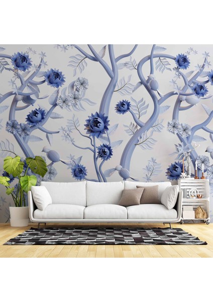 Mavi Çiçek ve Dal Desenli Duvar Kağıdı