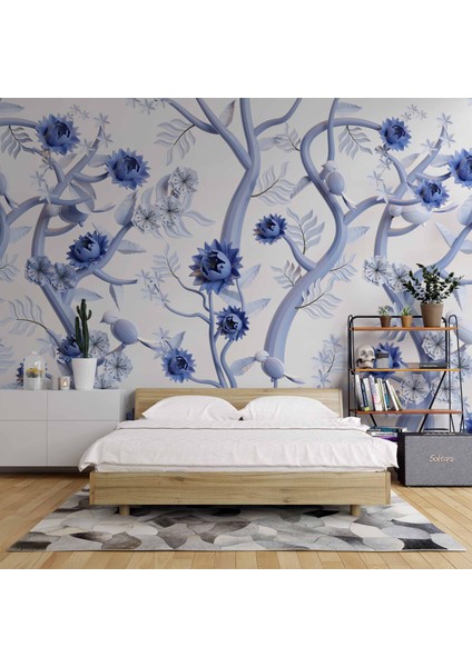 Mavi Çiçek ve Dal Desenli Duvar Kağıdı fiyatları