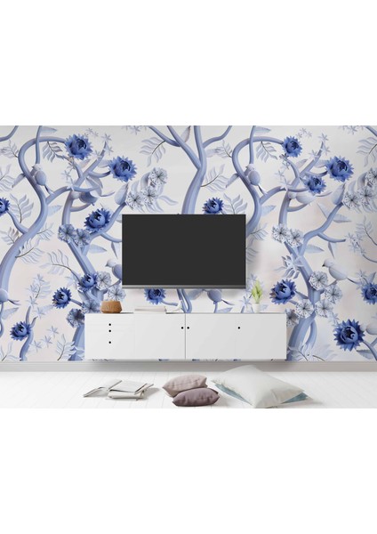 Mavi Çiçek ve Dal Desenli Duvar Kağıdı modelleri