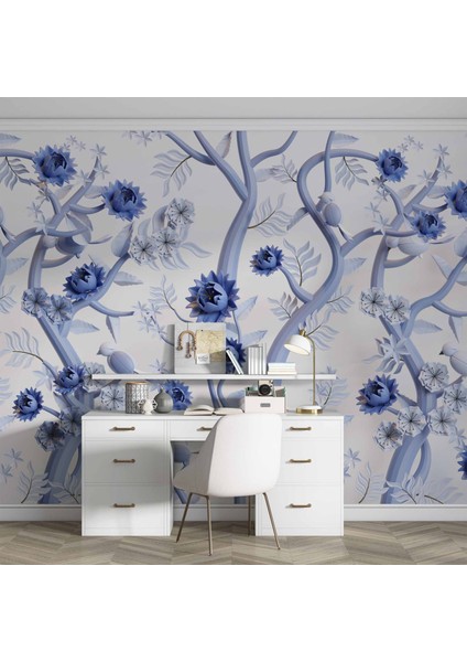 Mavi Çiçek ve Dal Desenli Duvar Kağıdı fırsatları