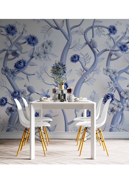 Mavi Çiçek ve Dal Desenli Duvar Kağıdı indirimleri