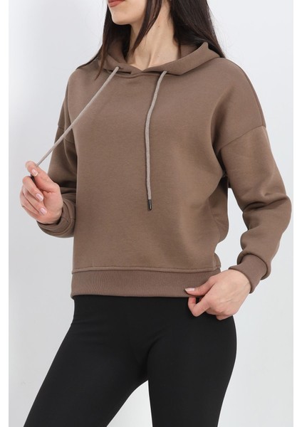 Kapşonlu 3 Iplik Crop Sweat Açıkkahve - 20969.1878.