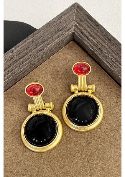 Büyük Siyah ve Kırmızı Top Küpe Taş Detaylı fiyatları