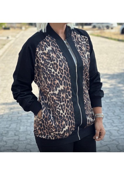 Hakim Yaka Fermuarlı Leopar Desenli Takım