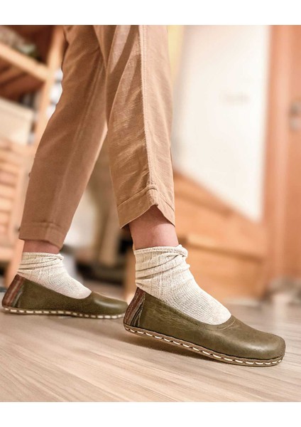 Yadigar - Yeşil / Kutnu Kumaşlı, El Yapımı, Deri Barefoot Ayakkabı - Yemeni