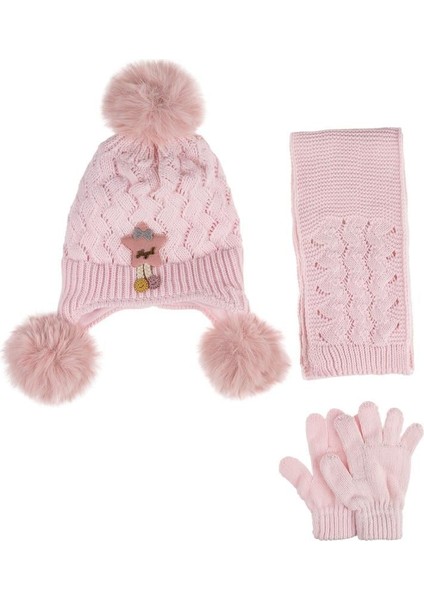 Kitti Bebe Kız Atkı Bere Eldiven Takım (1-4 Yaş) K24160-02 Açık Pembe