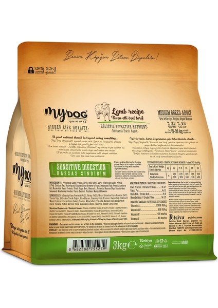 Original Kuzu Etli Medium Breed-Küçük ve Orta Irklar Için Köpek Maması 3kg