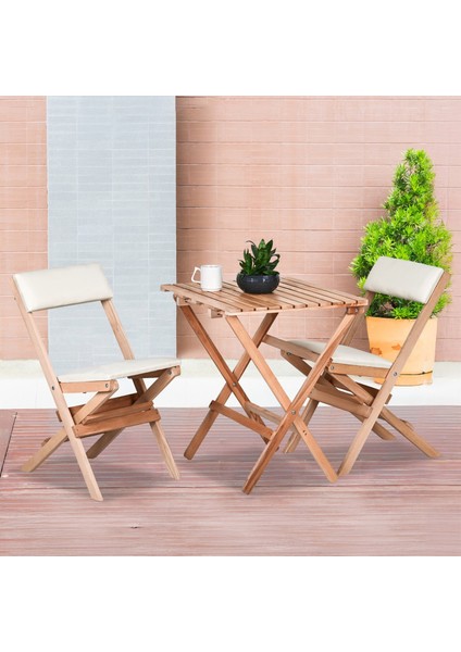 Ahşap Katlanır Döşeme Minderli 3 Lü Bistro Set Bahçe Takımı (Naturel-Krem)