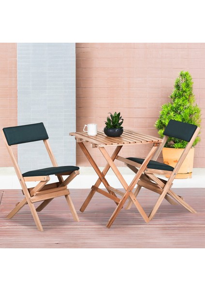 Ahşap Katlanır Döşeme Minderli 3 Lü Bistro Set Bahçe Takımı (Naturel-Yeşil)