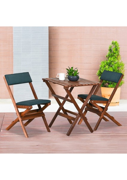 Ahşap Katlanır Döşeme Minderli 3 Lü Bistro Set Bahçe Takımı (Ceviz-Yeşil)